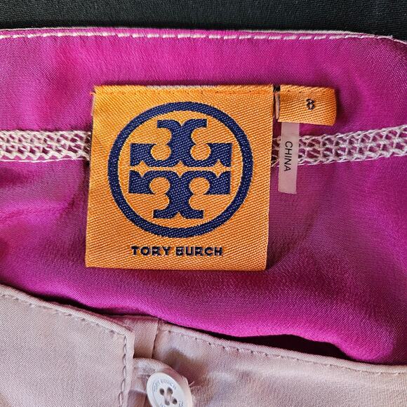Tory Burch Angie Magenta Normandy Blue Lichee Silk Dress Size 8 Colorblock READ - Picture 4 of 12